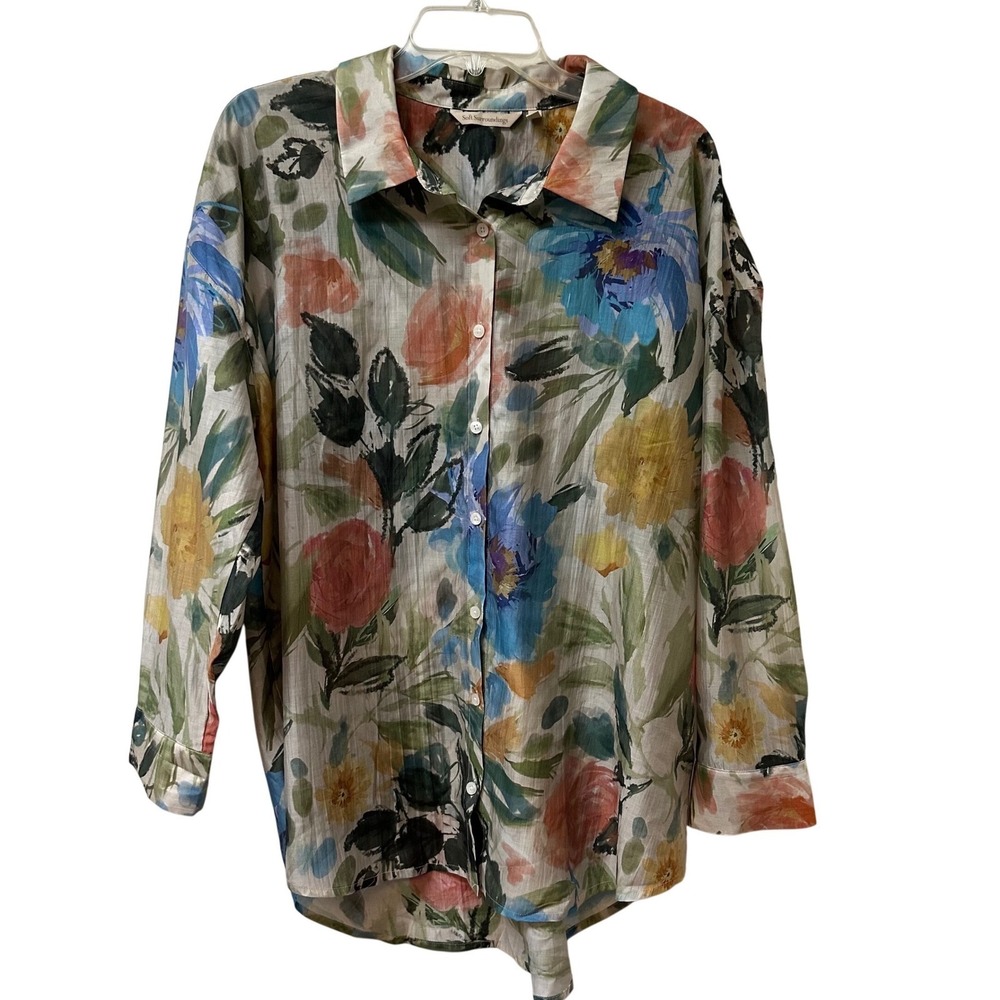 Soft Surroundings XL Floral Watercolor Button Down Shirt Lyocell Blend 2HF70